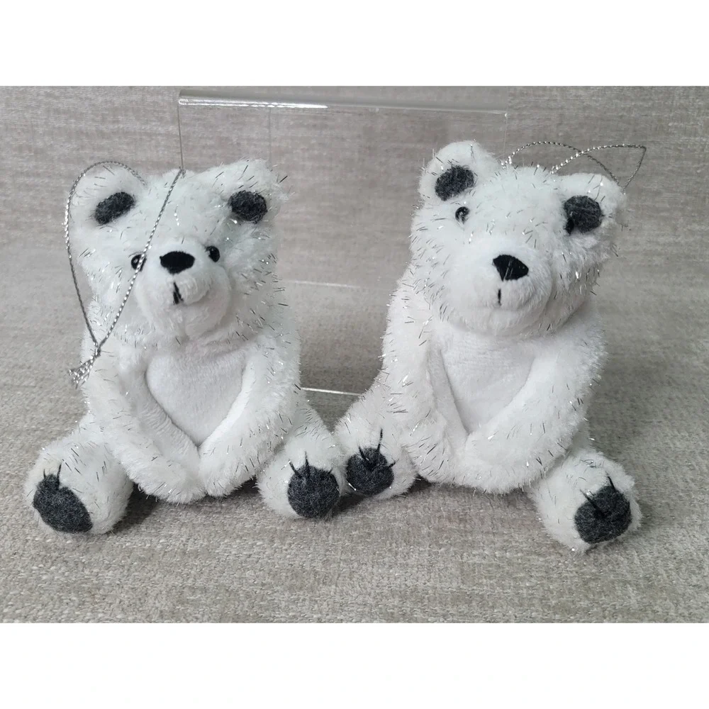 Target Polar Bear Christmas Ornaments Set of 2 White Tinsel Plush Retired Nice